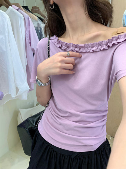 One-shoulder Ruffle Trim Fitted Top
