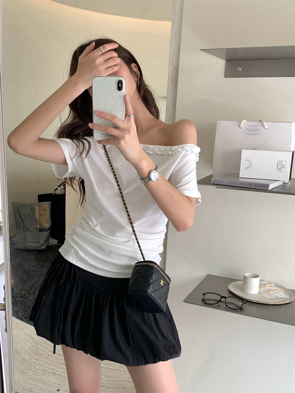 One-shoulder Ruffle Trim Fitted Top