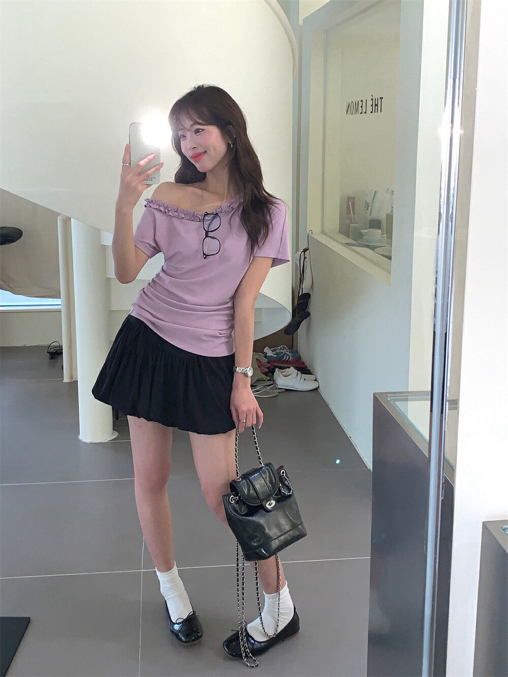 One-shoulder Ruffle Trim Fitted Top