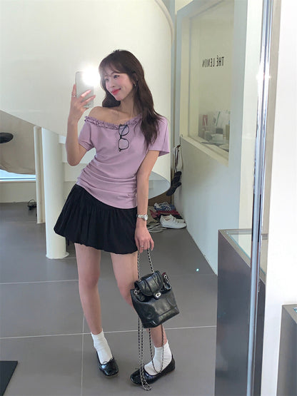 One-shoulder Ruffle Trim Fitted Top