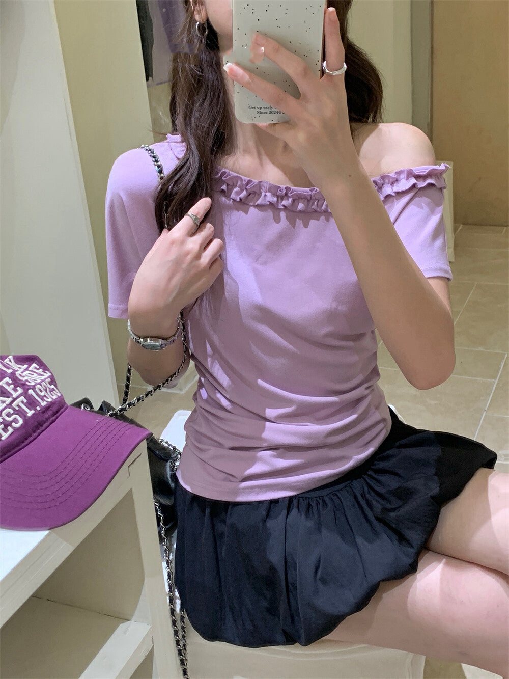 One-shoulder Ruffle Trim Fitted Top