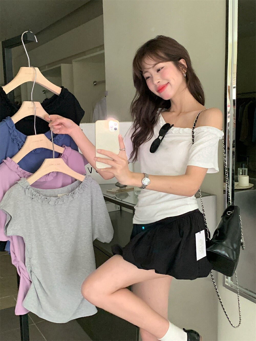 One-shoulder Ruffle Trim Fitted Top