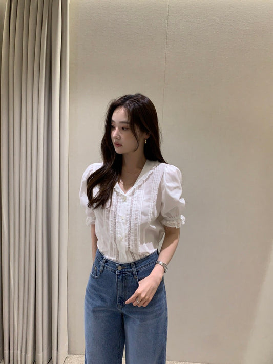 娃娃領拼接蕾絲恤衫