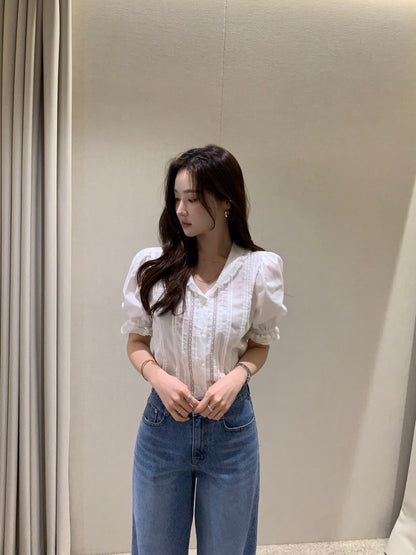 娃娃領拼接蕾絲恤衫