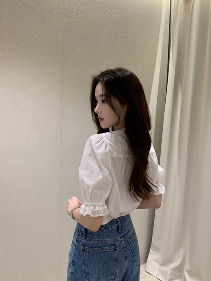 娃娃領拼接蕾絲恤衫