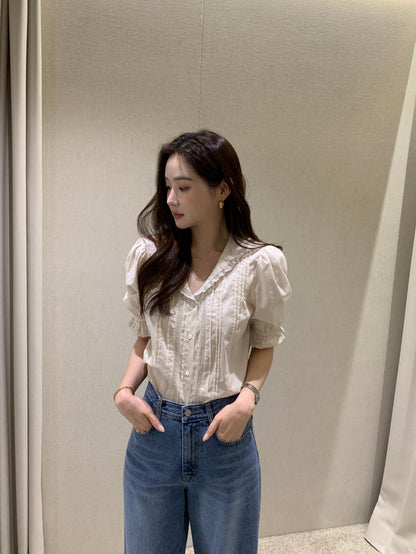 娃娃領拼接蕾絲恤衫