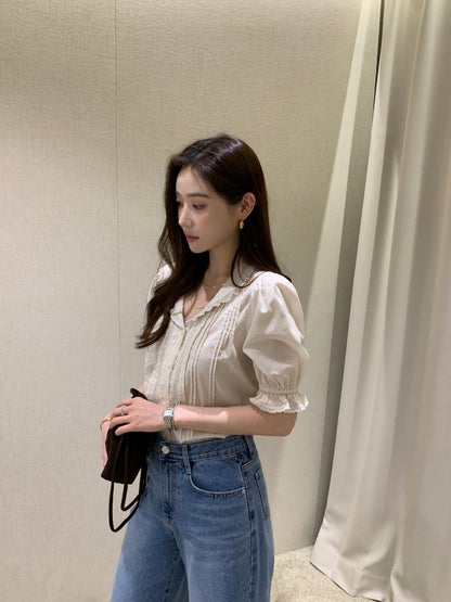 娃娃領拼接蕾絲恤衫