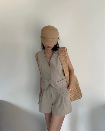 V-neck vest + high-waisted wide-leg shorts set