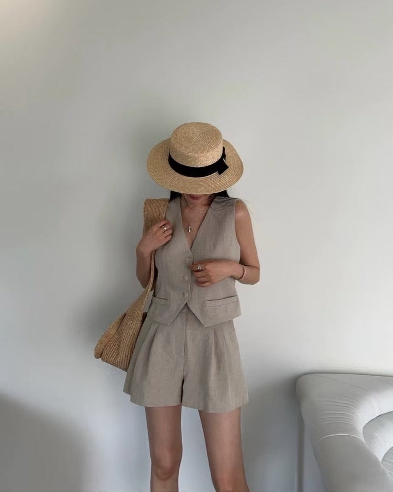 V-neck vest + high-waisted wide-leg shorts set