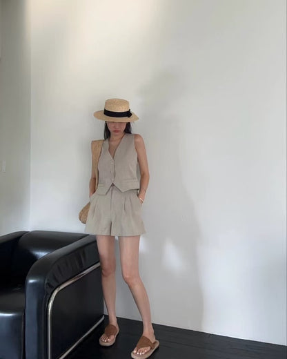 V-neck vest + high-waisted wide-leg shorts set