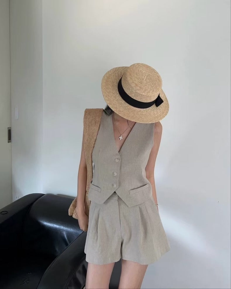 V-neck vest + high-waisted wide-leg shorts set