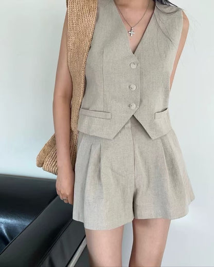 V-neck vest + high-waisted wide-leg shorts set