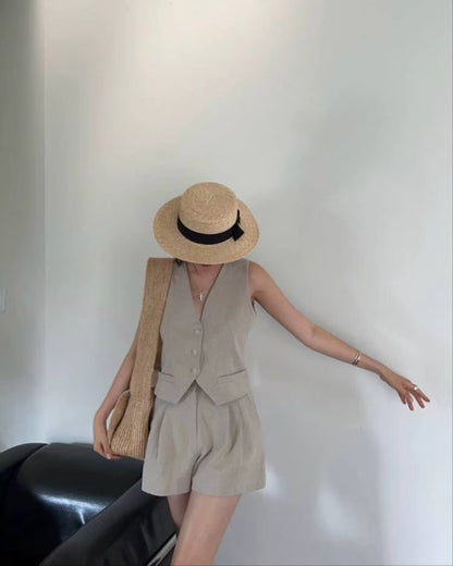 V-neck vest + high-waisted wide-leg shorts set