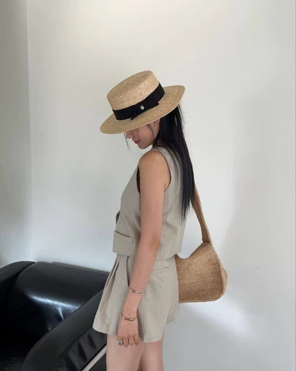 V-neck vest + high-waisted wide-leg shorts set