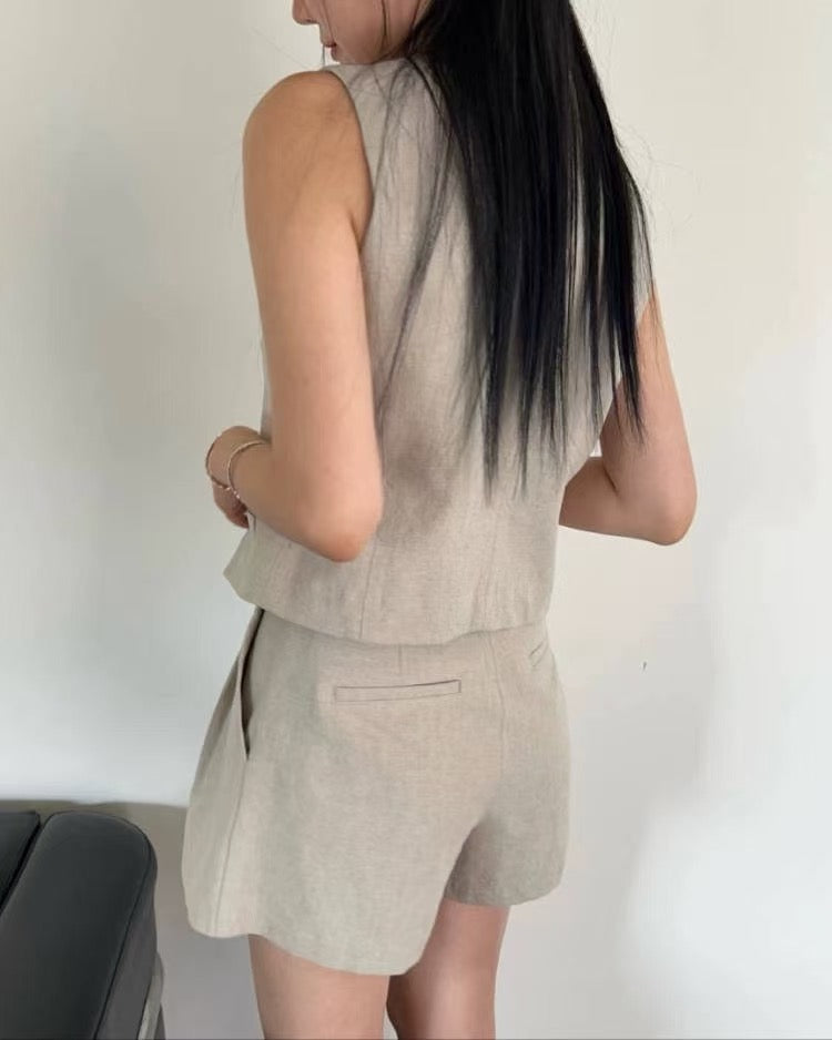 V-neck vest + high-waisted wide-leg shorts set