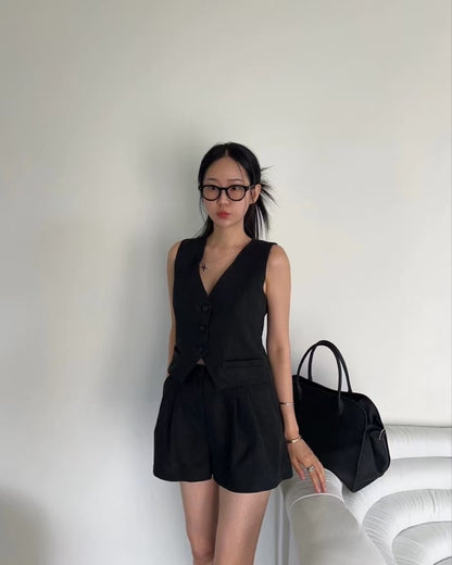 V-neck vest + high-waisted wide-leg shorts set