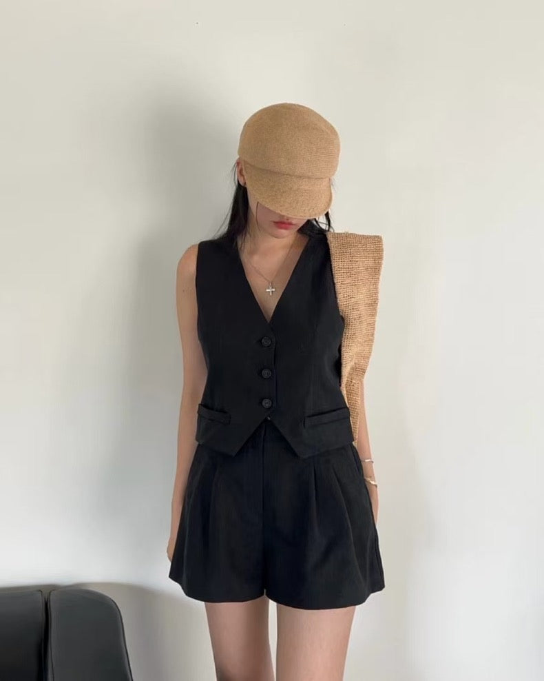 V-neck vest + high-waisted wide-leg shorts set