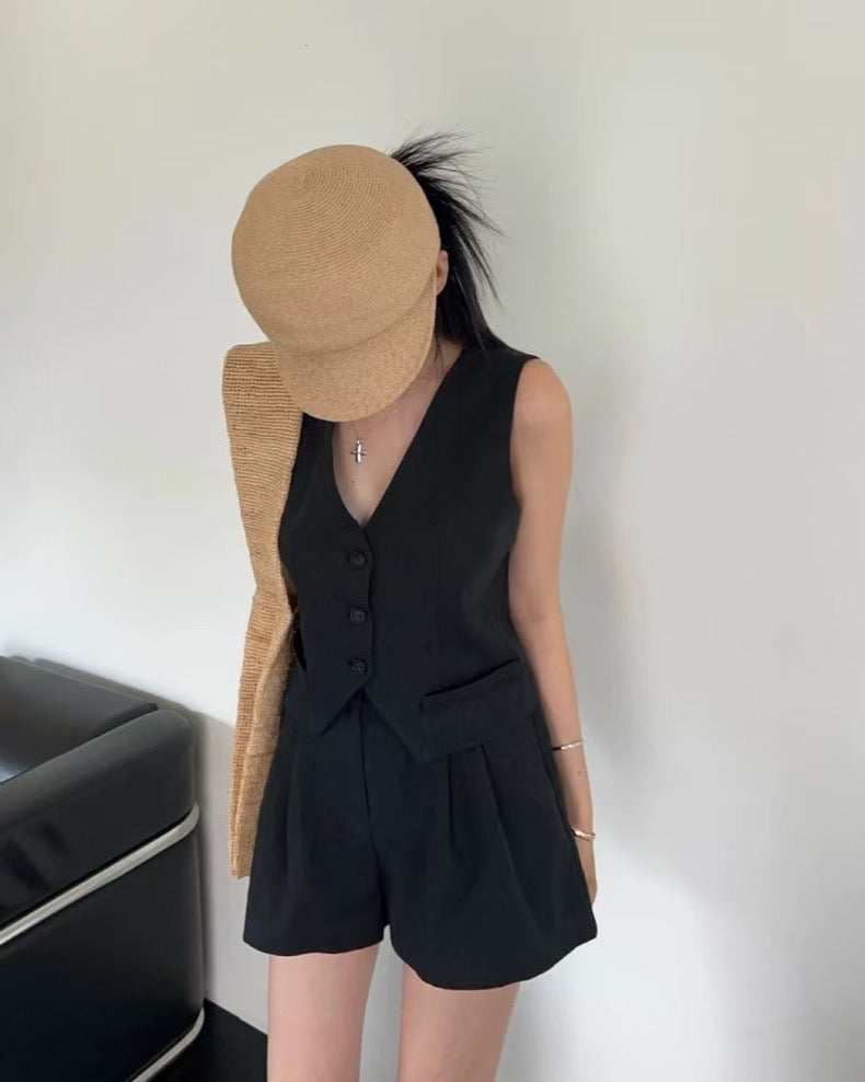 V-neck vest + high-waisted wide-leg shorts set