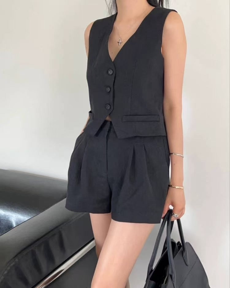 V-neck vest + high-waisted wide-leg shorts set