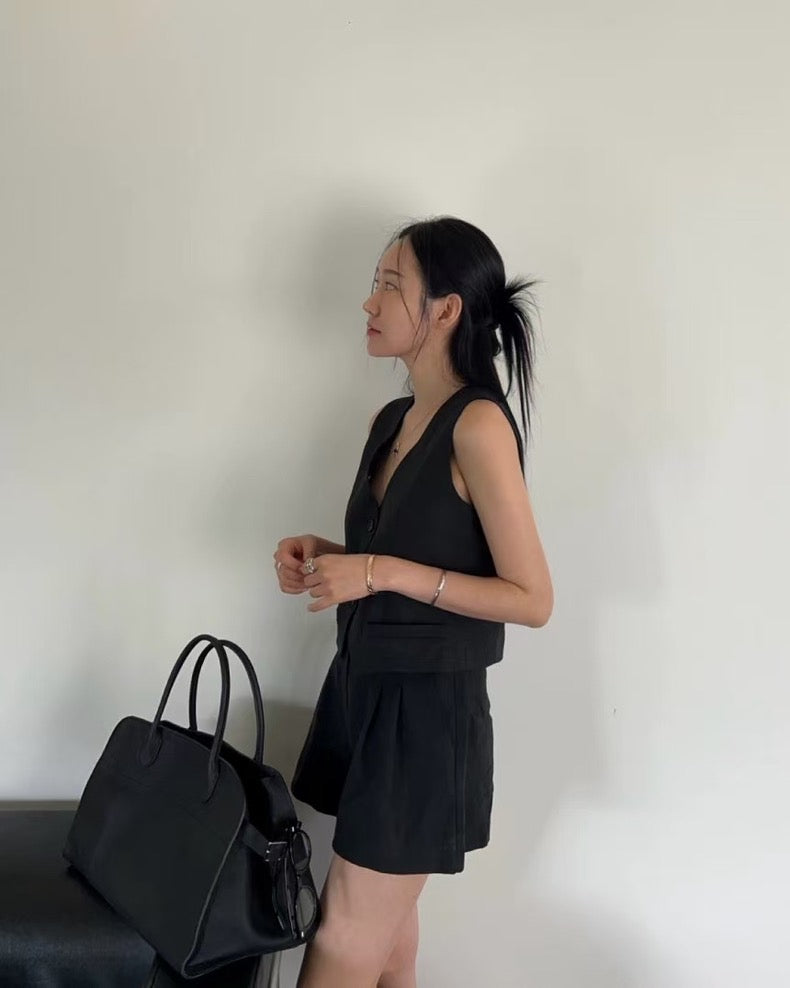 V-neck vest + high-waisted wide-leg shorts set