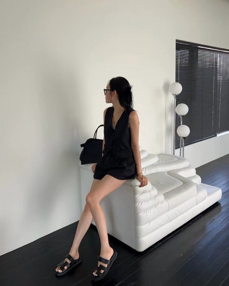 V-neck vest + high-waisted wide-leg shorts set