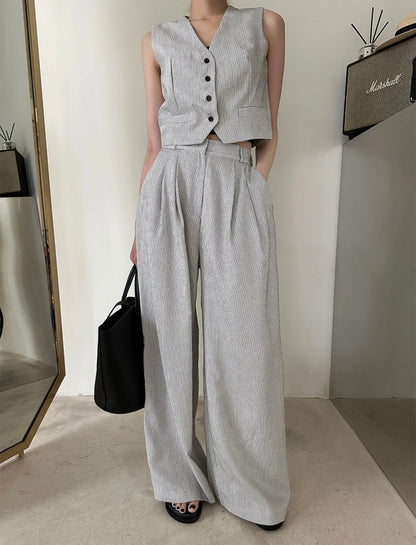 V領條紋馬甲+高腰壓褶休閒褲set