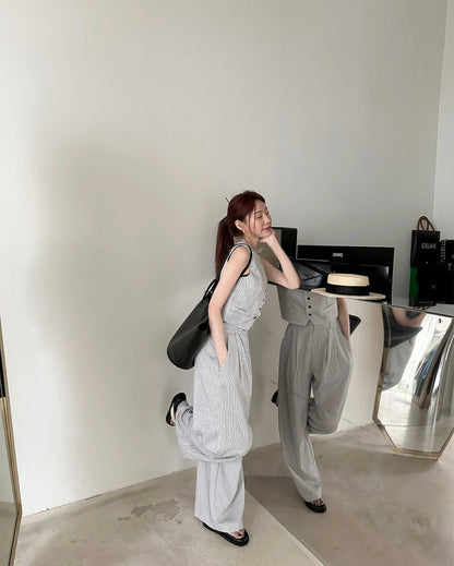 V領條紋馬甲+高腰壓褶休閒褲set