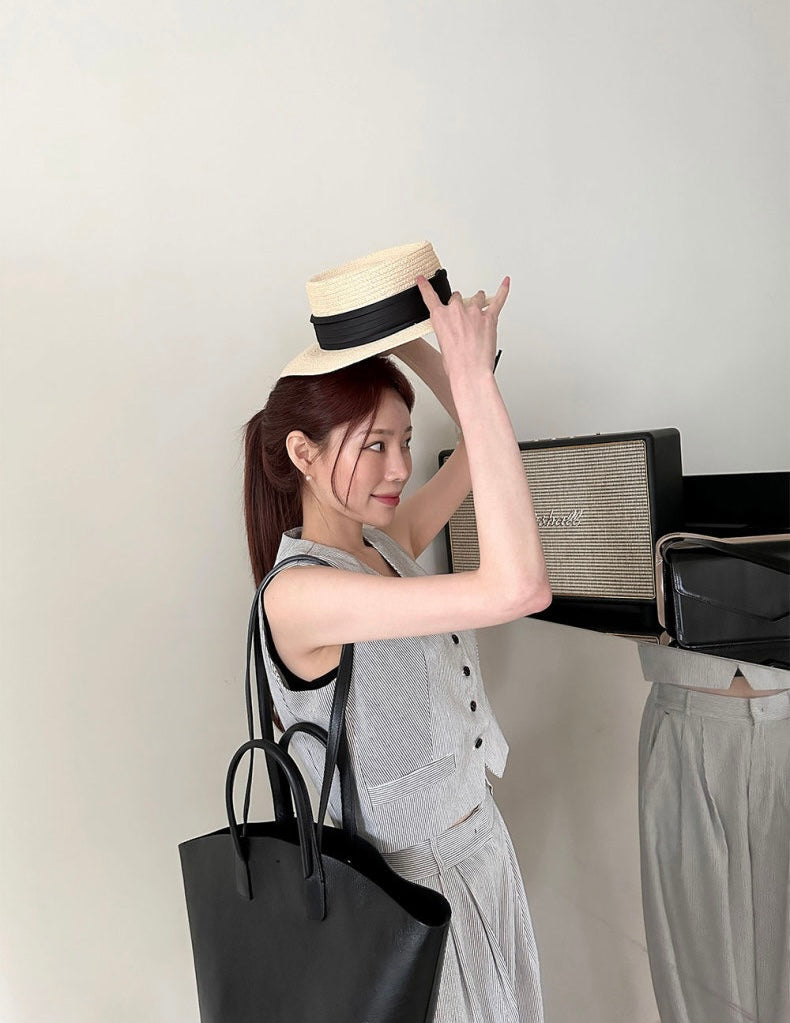 V領條紋馬甲+高腰壓褶休閒褲set