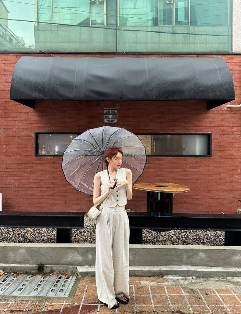 V領條紋馬甲+高腰壓褶休閒褲set