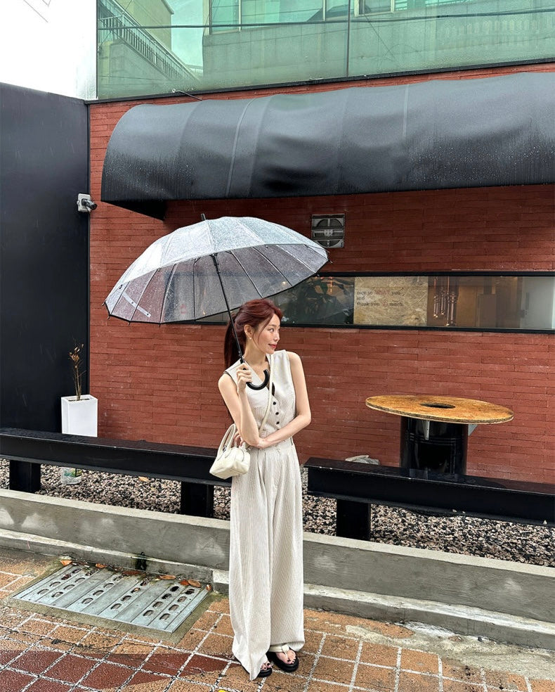 V領條紋馬甲+高腰壓褶休閒褲set