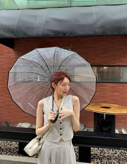 V領條紋馬甲+高腰壓褶休閒褲set