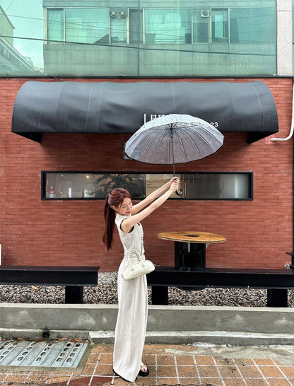 V領條紋馬甲+高腰壓褶休閒褲set