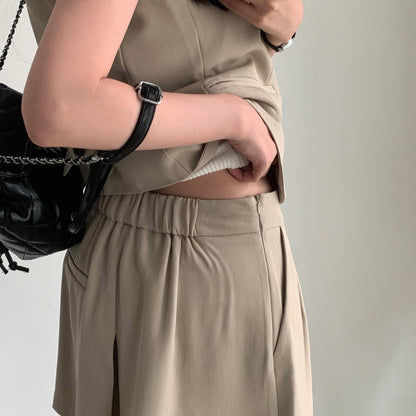 Vintage V-neck Vest + High-waisted Pleated Skirt Pants Set