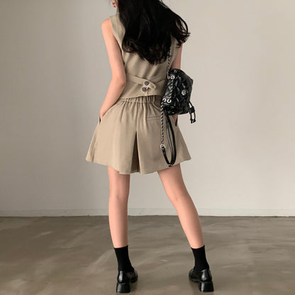 Vintage V-neck Vest + High-waisted Pleated Skirt Pants Set