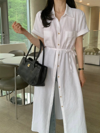 簡約單排扣恤衫連身裙