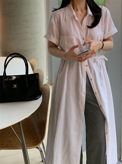 簡約單排扣恤衫連身裙