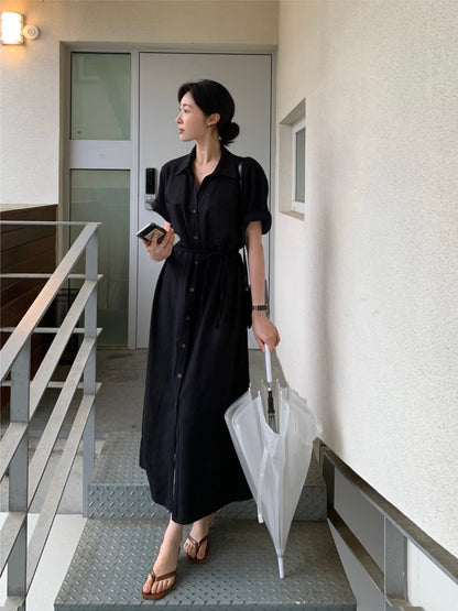 簡約單排扣恤衫連身裙