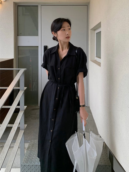 簡約單排扣恤衫連身裙