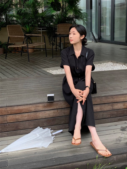 簡約單排扣恤衫連身裙
