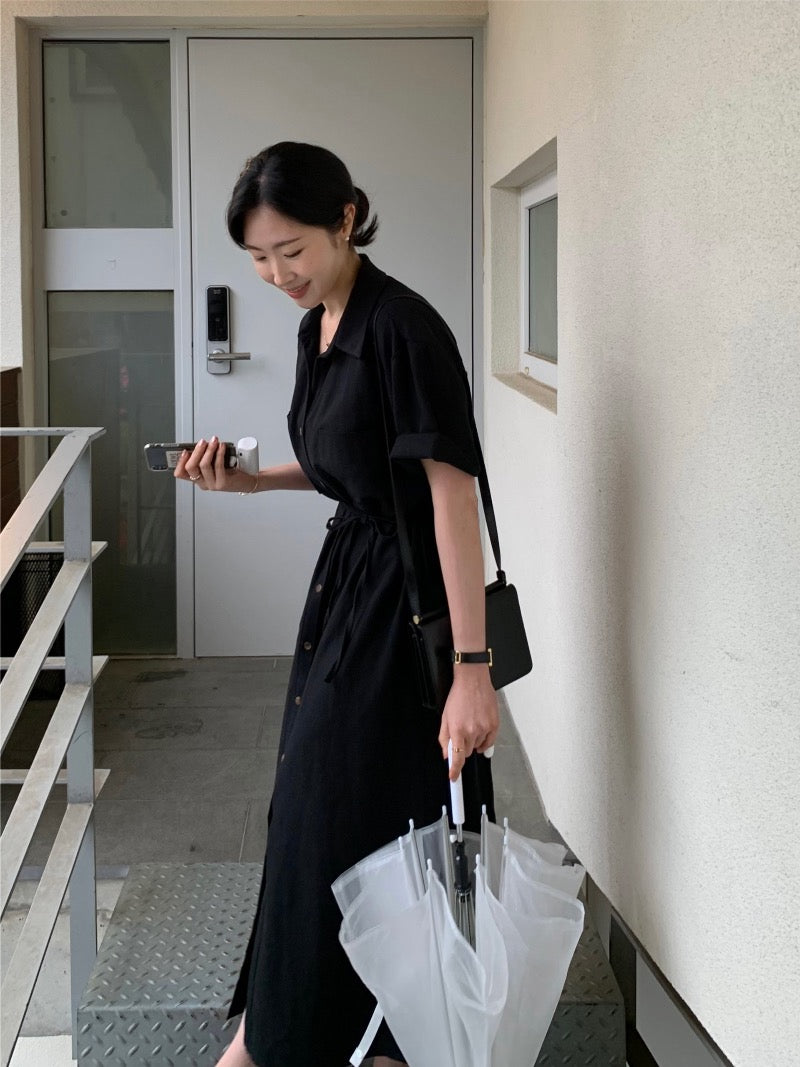 簡約單排扣恤衫連身裙