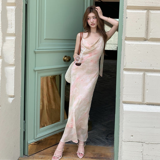 Chiffon Printed Spaghetti Strap Dress with a Flounce Neckline