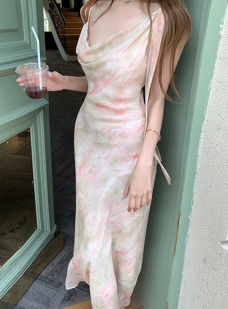 フリル襟シフォンプリントキャミソールワンピース