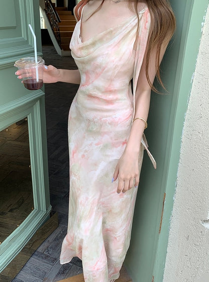 フリル襟シフォンプリントキャミソールワンピース