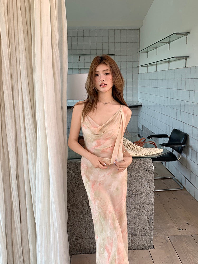 フリル襟シフォンプリントキャミソールワンピース