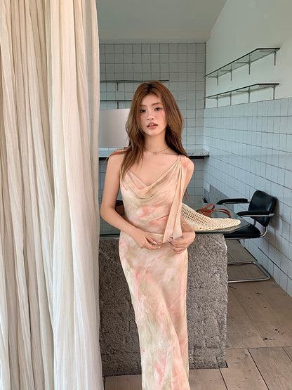 フリル襟シフォンプリントキャミソールワンピース