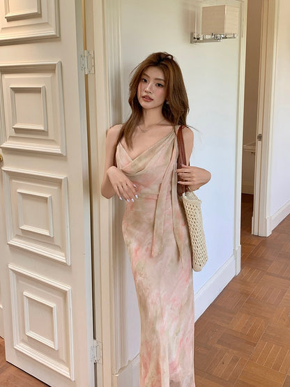 フリル襟シフォンプリントキャミソールワンピース