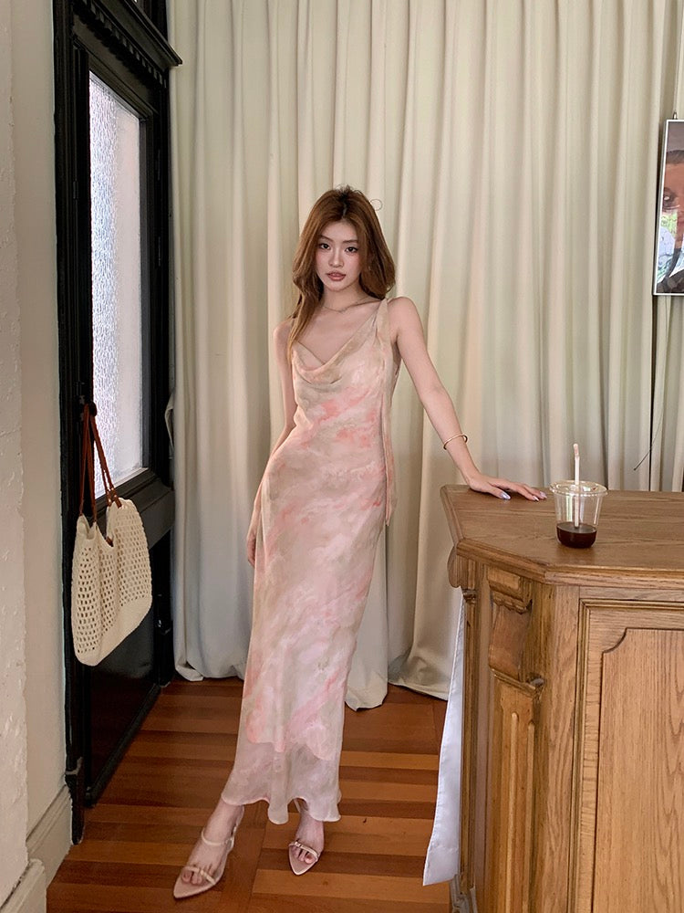 フリル襟シフォンプリントキャミソールワンピース