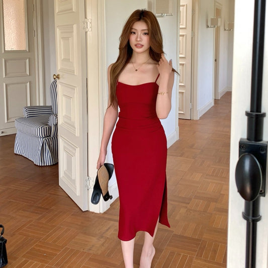 プリーツフィットスリット入りタイトキャミソールドレス