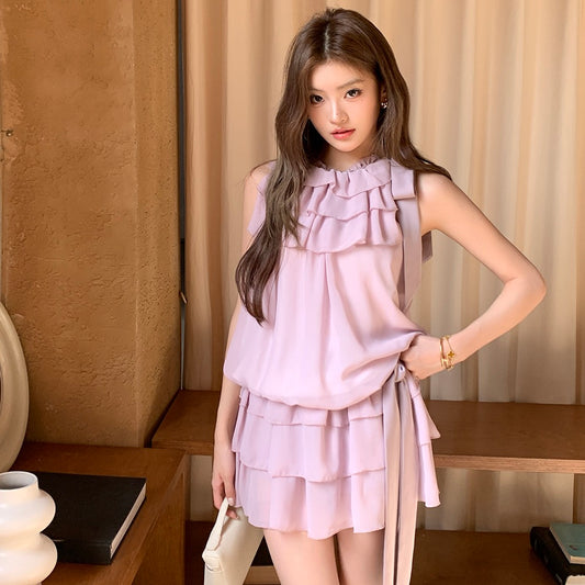 Tie-Strap Tank Top + Flowing Ribbon Skirt Set