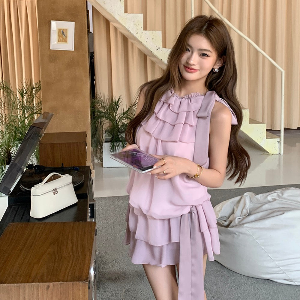 Tie-Strap Tank Top + Flowing Ribbon Skirt Set